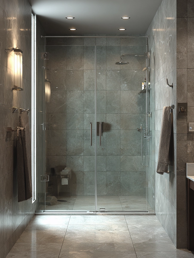 Salle de bain contemporaine avec carrelage moderne et éclairage LED